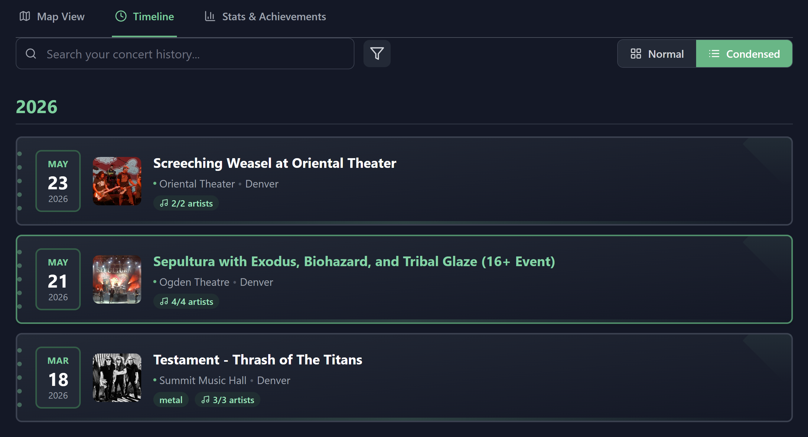 FanMap Timeline view showing 2026 concerts including Screeching Weasel, Sepultura, and Testament